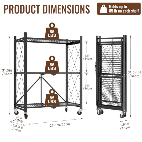Image of black leopard 3-Tier Foldable Metal Storage Shelf with Wheels, Black | Foldable Design; 85 lb Capacity per Shelf; Preassembled Frame; Lockable Casters; Reinforced Metal Construction
