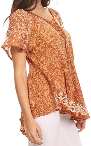 Image of Sakkas Ash Speckled Tiedye Embroidered Cap Sleeve Blouse Top with Embroidery Hems