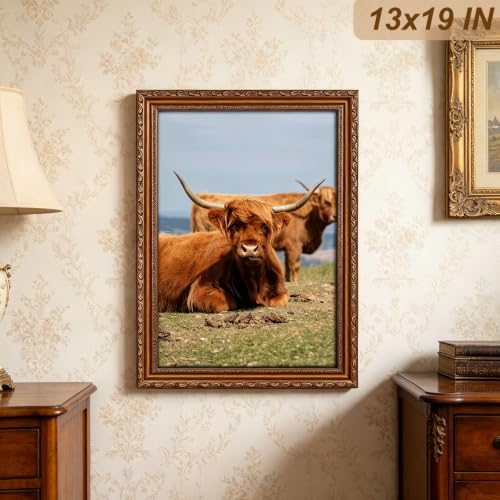 Image of 13x19 Picture Frame Gold Wood Vintage Picture Frame Ornate | Real Glass, Easy Photo Changes, Wall Hanging