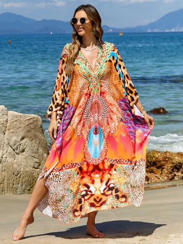 Image of IMAGEKOPE Women's Plus Size Animal Print V-Neck Batwing Kaftan Beach Dress Bathing Suit Cover-Up Loungewear