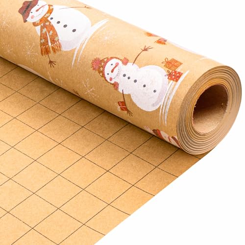 MAYPLUSS Christmas Wrapping Paper Roll - 17IN X 33FT - Kraft Gift Wrapping Paper Featuring Cute Scarf Snowman Snowflake Reversible Cut Lines for Kids, Holiday, New Year