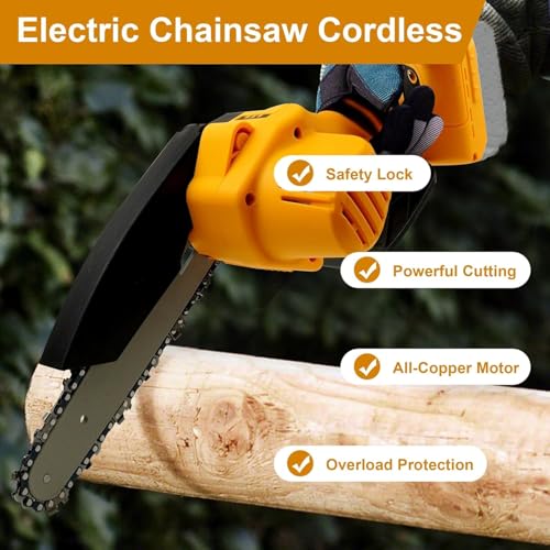 Image of Roslen Mini Chainsaw Cordless With 2 Rechargeable Batteries, Chainsaw Machine 6 inch Cutting Area Wide Heavy Duty, Battery Powered Chainsaw for Wood Working, Tree Trimming (Yellow)