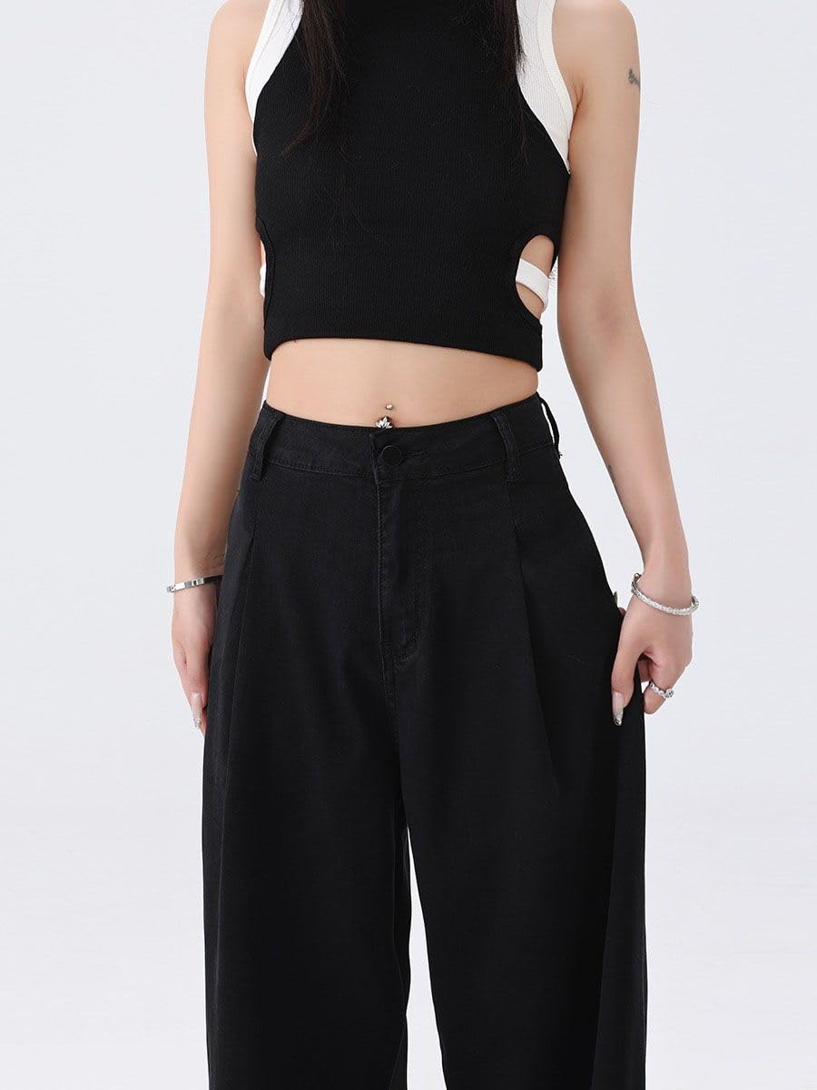 Pantalones Vaqueros para Mujer Pierna Recta Negro Verano Tiro Alto Sueltos