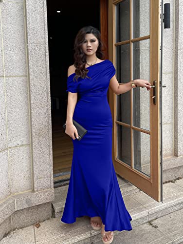 Image of YMDUCH Women's Sleeveless Off Shoulder Long Formal Party Dress | Backless,Stretch,Fitted,Mermaid,One Shoulder,Bodycon,Elegant,Slim,Formal,Solid,Evening,Wedding Guest,Bridesmaid,Maxi