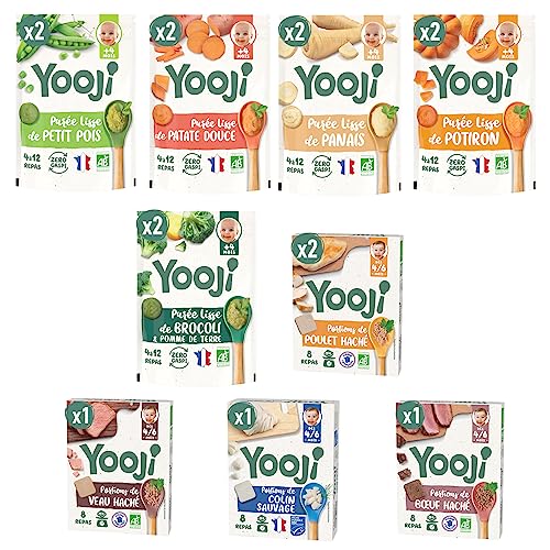 Yooji - 40 Repas Spécial diversification alimentaire dès 4 à 6 mois - Purées lisses de légumes bio et hachés de viandes et poissons