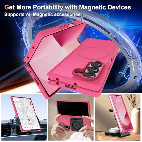 Image of ORETECH Magnetic Case Compatible with Samsung Galaxy Z Fold 6 Case, Translucent Back Non-Slip Hard PC Shockproof Bumper Protective Phone Case Cover for Samsung Z Fold 6 - Hot Pink | Translucent Back Non-Slip Hard PC Shockproof Bumper Protective Phone Cover