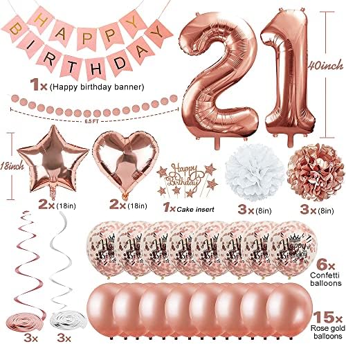 21st Birthday Party Decorations kits for Girls Women,Rose Gold 21 Happy Birthday Decorations for Her,Rose gold Confetti Balloons,21st Happy Birthday Banner Kits