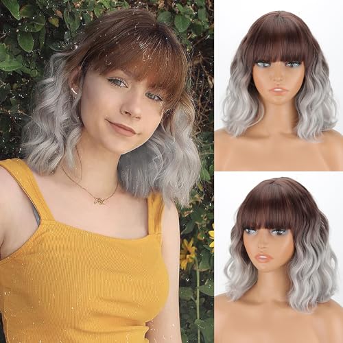 MISSQUEEN Short Ombre Silver Wigs for Women Grey Wavy Bob Wig with Bangs Medium Length Synthetic Hair Water Wave Dark Roots Wig Gray Colorful Wigs