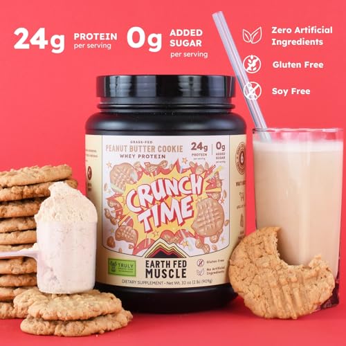 Image of Earth Fed Muscle Crunch Time Grass Fed Whey Protein Isolate - Peanut Butter Cookie, 24g Protein - Clean Ingredients, Easy Digestion, Stevia Sweetened - 2 LB, 28 Servings