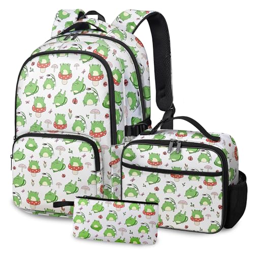 Fihevur Conjunto de mochila sapo para meninos e meninas, mochila infantil sapo para escola com lancheira, bolsa de lápis, mochila de sapo fofo com chaveiro para estudantes do ensino fundamental