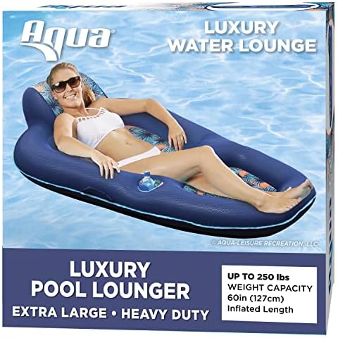 Aqua Luxury Water Lounge, X-Large, Inflatable Pool Float with Headrest, Backrest & Footrest, Palm Beach Flamingo Cover