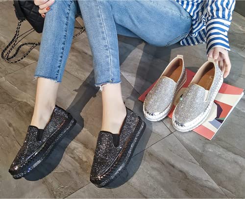 Women Rhinestone Platform Loafers,Glitter Fashion Slip-On Sparkle Bling Sequin Sneakers Fall 2022 Casual Flat (Black,9.5) #TOP4