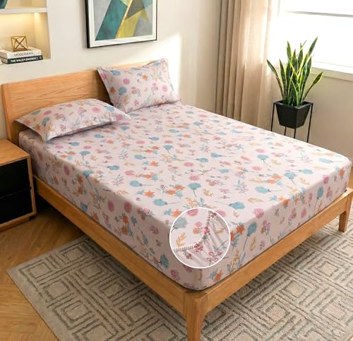 Image of VAS COLLECTIONS Cloud Cotton Corner Elastic Fitted Double Bedsheet Set (78 x 72 + 8 Inches) with 2 Pillow Covers | 160-180 TC Soft Breathable Cotton Fitted Sheet | Bed Sheet (Tropical Leaf Print)