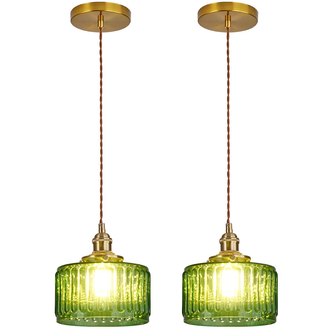 Lighting Green Pendant Light Mid Century Modern Hanging Light with Green Striped Glass Shade Vintage Kitchen Island Pendant Lights Gold Ceiling Pendant Light for Dining Room Bedroom