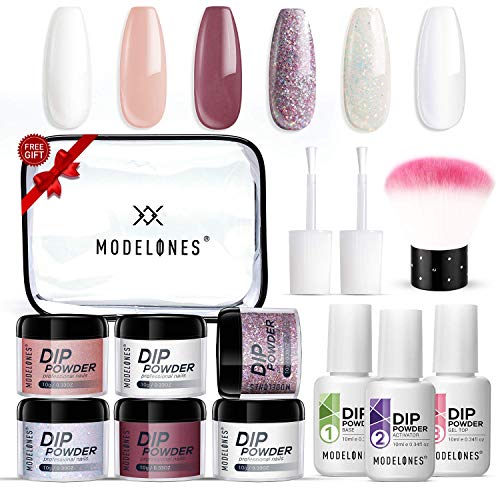 Dipping Powder Nail Kit with 6 Colors White Glitter,Dip Powder System Starter Nail