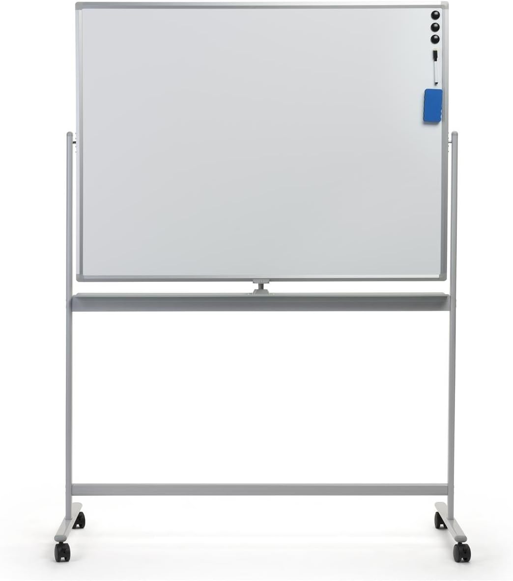 Displays2go 48 x 36 Whiteboards with Wheels and Double Sided Magnetic Surface – Silver (WHBMOB4836)