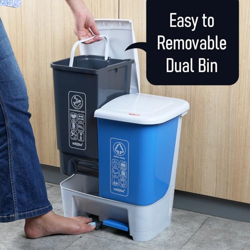 Image of Nayasa 2 in 1 Pedal Dustbin Bold - 25 L (12.5 L Each) | Twin Compartment Wet & Dry Waste Bin | Durable Plastic Pedal Bin for Home, Kitchen & Bathroom | Blue & Grey