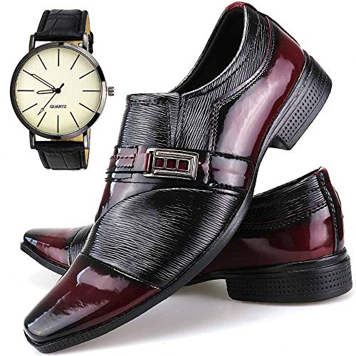 Sapato Social Neway Masculino Vinho com Relógio