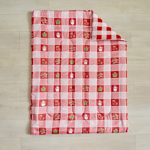 Image of Christmas Toddler Bedding Set for Boys Girls Red White Plaid Colorful Holiday 4PC Toddler Bed Set - Cute Toddler White Bed in a Bag with Snowman Socks GIF Box