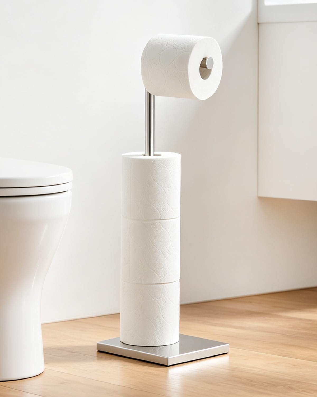 Toilet Paper Holder Stand, Stainless Steel Free Standing Toilet Paper Holder with Reserve for Bathroom, Modern Toilet Paper Stand, Chrome, YOFOVI — Amazon image 8