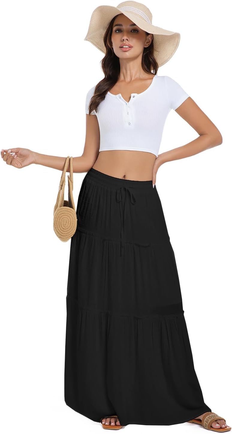 2025 Summer Long Maxi Skirt for Women Casual Elastic Waist A-Line Floral Boho Beach Long Skirts - Image 5