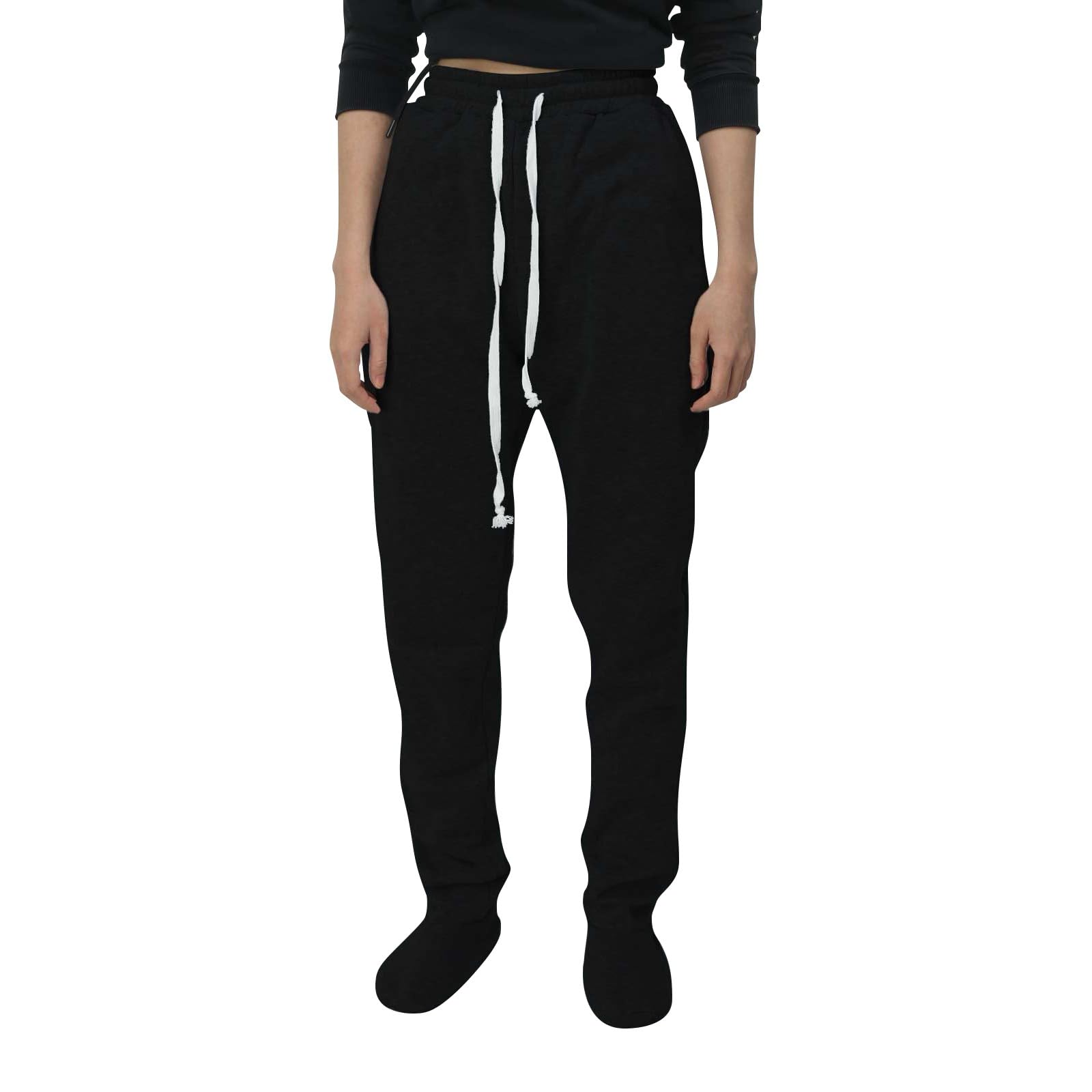 BUKKNYE Adult Footed Sweatpants for Women Soft Warm Comfy Lounge Footing Pajama Pants Elastic Waist Sweatpants Loungewear Homewear with Pockets Drawstring Black