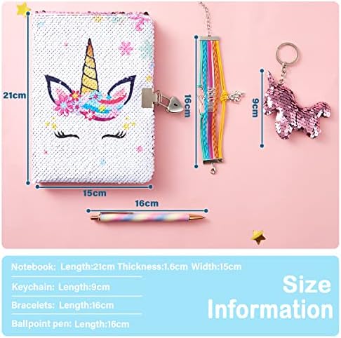 Unicorn Sequins Notebook Set - Rainbow Unicorn Diary for Girls with Locks Keys Gel Pen Bracelet Key Chain Reversible Sparkling A5 Journal for Travel School Office Notepad Memos to Keep Secret