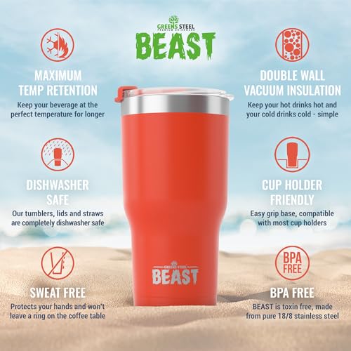 Image of Beast 20 oz Red Tumbler Stainless Steel - Insulated Coffee Cup with Lid, 2 Straws, Brush & Gift Box by Greens Steel (20oz, Ladybug Red)