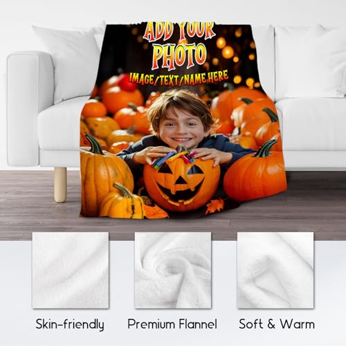 Personalized Blankets for Kids, Custom Blanket Gifts with Picture, Customized Photo Gifts, Warm Flannel Throw for Halloween Party Decoration (4 Sizes Choose)