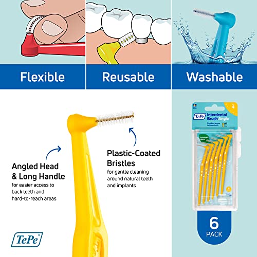 Tepe Interdental Brush Angle, Angled Dental Brush For Teeth Cleaning, Pack Of 6, 0.7 Mm, Medium Gaps, Yellow, Size 4 #TOP4