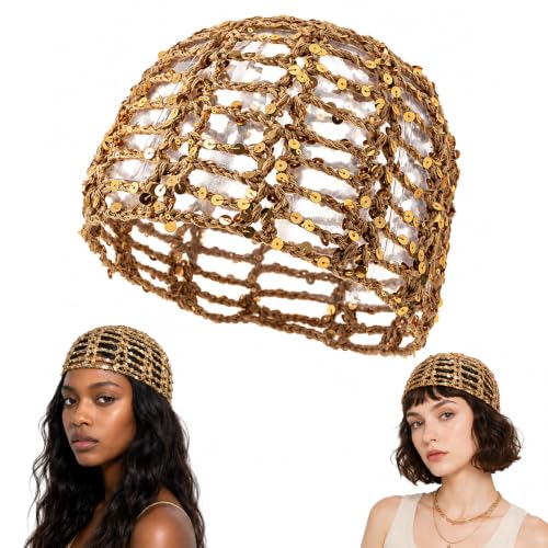 DVDVBOOM Women's Sequin Crochet Skull Cap Beanie Handmade Coffee