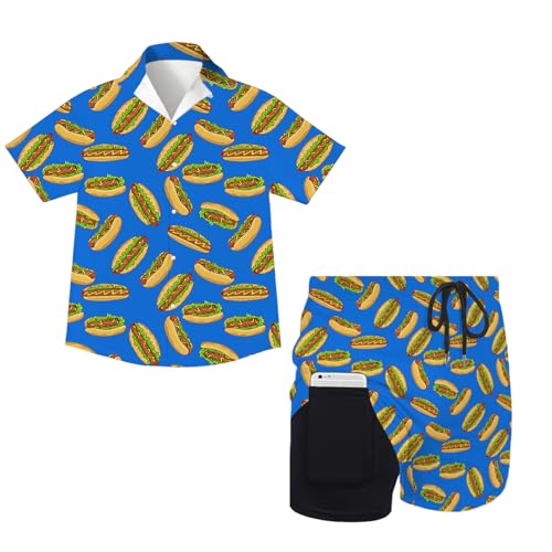 Juload Hot Dog Boys Hawaiian Outfit Kids 2 Pieces Button Down Shirts And Compression Lining Short Sets For Beach Summer L