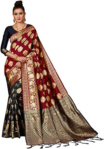 The Indie Quirk Indian Women's Fashion Bollywood Designer Banarasi Traditional Soft Silk with Blouse Saree Black, Red