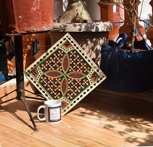 Image of Ethnics of Kutch Traditional Kutch Handicraft Mud-Mirrorwork Lippan Kam Wall Art (Water and Break Resistant) - Square (12 inch x 12 inch) - (Cream LKT-0264)