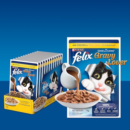 Image of Purina Felix Gravy Lover, Tasty & Real Meaty Chicken Chunks, Wet Cat Food, Balanced Nutrition, 24 Months, Pack of 12 Pouches (12x70g)