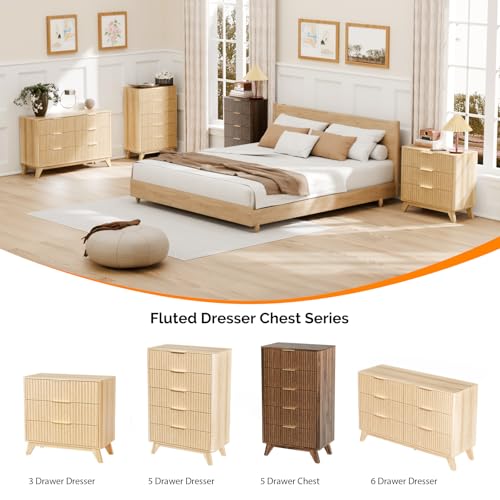 Image of VINGLI Fluted Wood Nightstand 3 Drawer, 31.5 inch W Mid Century Modern Nightstand Tall, Fluted Bedside Table, End Table, Night Stand for Bedroom, Oak, 31.5 inch W*15.96 inch D*29.72 inch H