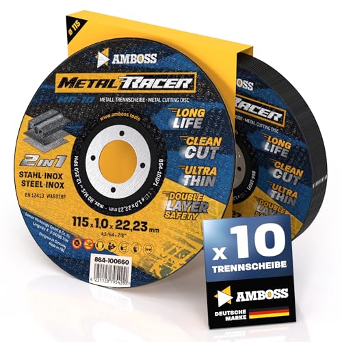 10x Metall-Trennscheibe Ø 115 x 1 x 22.23mm - Die Metalltrennscheibe Metal Racer by AMBOSS WERKZEUGE ist geeignet für Stahl & Edelstahl Stahl/Inox Trennscheibe 115 passend für Winkelschleifer