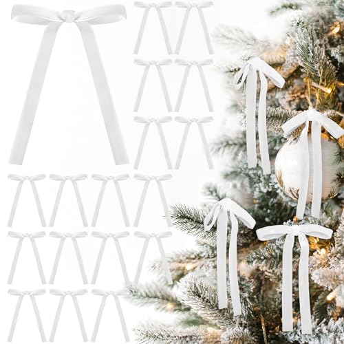 Glitinsel 24 Pcs Velvet Bows for Christmas Tree Vintage Ribbon Bows for Crafts Garland Home Coquette Wedding Birthday Decor(5 x 7 Inch Width of 5/8 White)