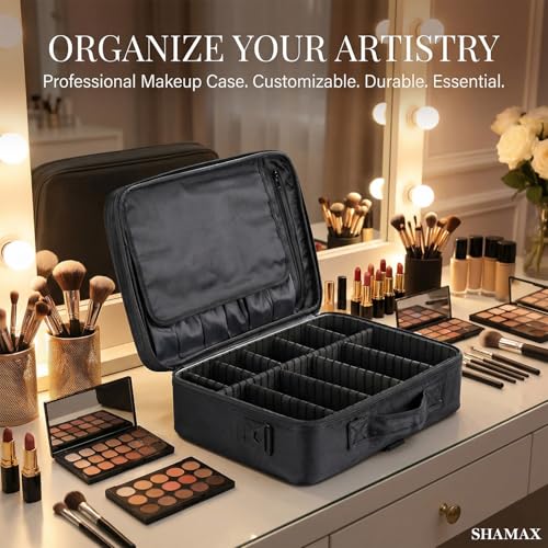Image of SHAMAX Professional Makeup Bag for Women Travel Cosmetic Kit Storage (2-Layer) Vanity Bag Cosmetics Makeup Brush Bag with Adjustable Dividers Portable Zipper Closure(Black) - Adjustable Strap