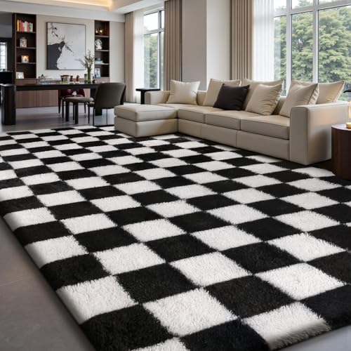 Treeboy Rugs Living Room 200x300cm,Black and White Checkered Area Rug for Bedroom,Washable Anti Slip Extra Large Shaggy Rug Soft Fluffy Rug Fuzzy Carpet for Kids Room Nursery,Dorm Home Decor