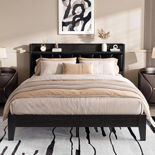 Image of LIKIMIO Queen Bed Frames, PU Leather Storage Headboard with Charging Station, Solid and Stable, Noise Free, No Box Spring Needed, Easy Assembly, Black