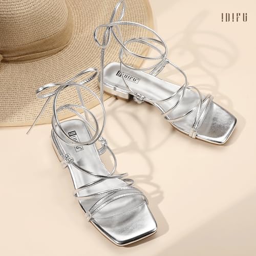 Image of IDIFU Strappy Lace Up Flat Sandals for Women Tie Up Square Open Toe Ankle Wrap Straps Dressy Gladiator Summer Beach Wedding Party Ladies Comfortable Cute Casual Dress Sandals