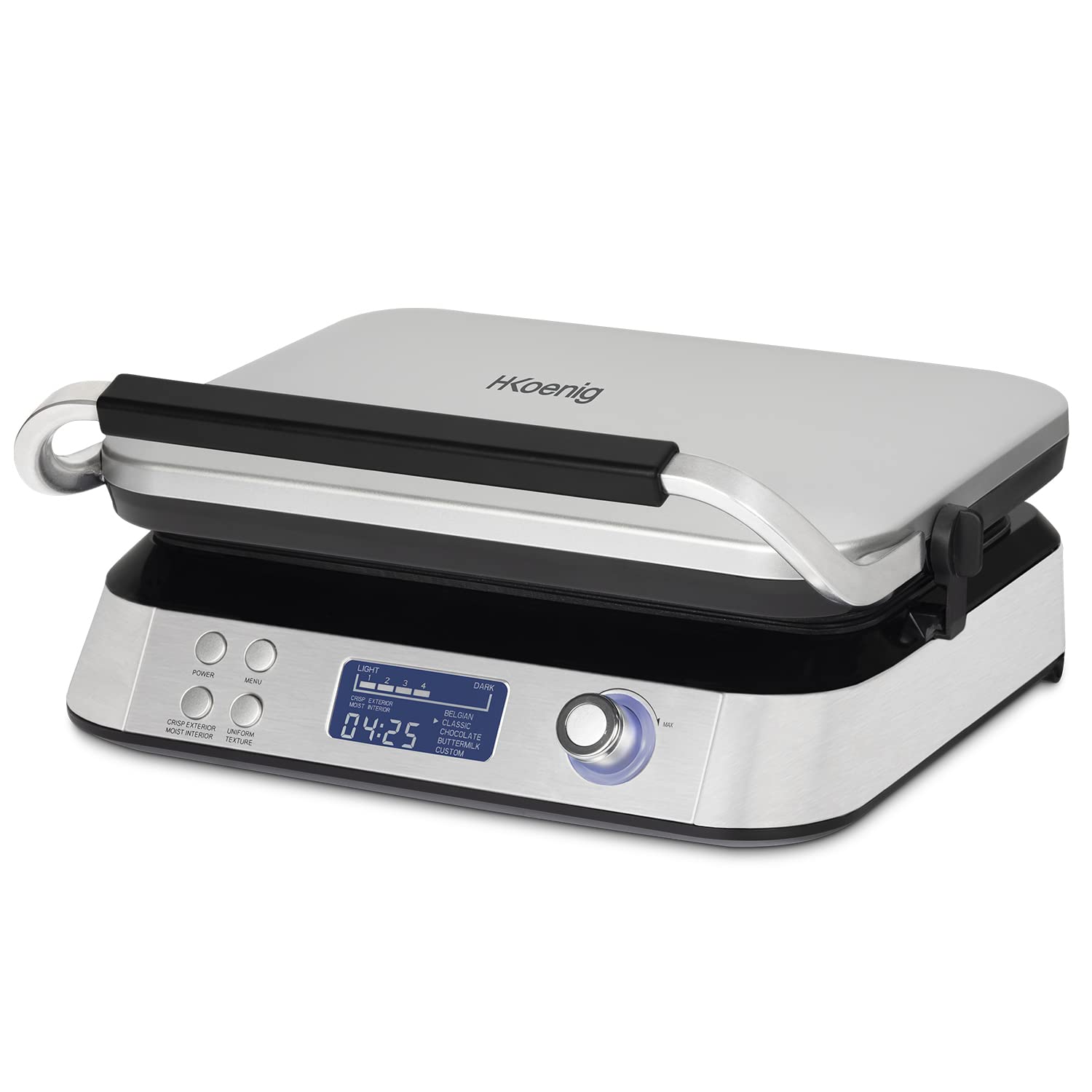 H.Koenig Waffle Maker GFX800, Waffle Maker 12x12,5 cm, rivestimento antiaderente, 5 programmi, vaschetta raccogli gocce, schermo LCD, 7 livelli di doratura, 1600 W