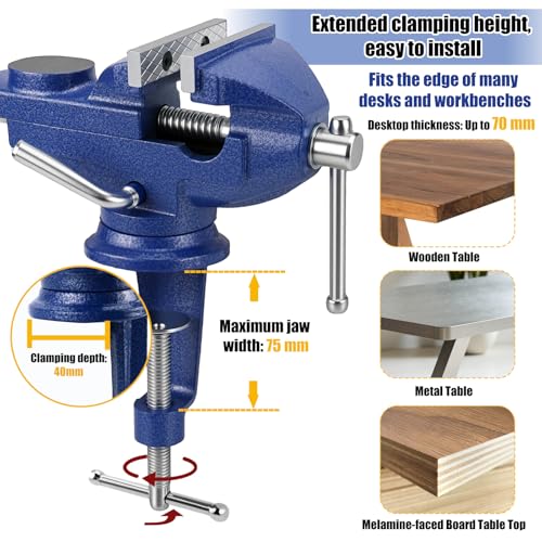 Schraubstock Drehbar 360° 70mm Tischschraubstock Klemmbar Klein Werkbankschraubstock Schwenkbar mit Hammerschlaglackierung Versehen für Holzbearbeitung, Bohren, Schneiden