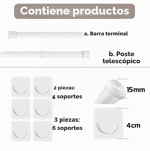 Miniatura 3 de 2 Piezas Barra Cortinas Extensible Cortina Blanca No Es Necesario Taladrar Con Soporte Para Cocina Baño Armario Y Ventana 100-180cm,Blanco
