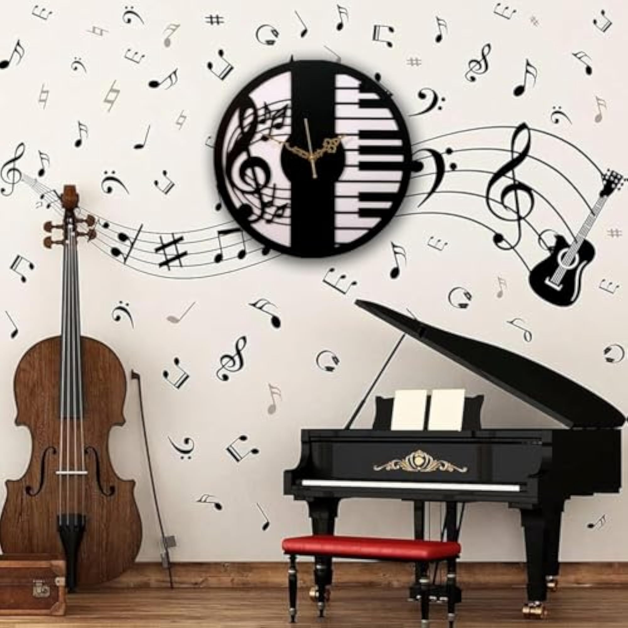 Musical Wall Clock with Piano and Music Notes Design, Decorative