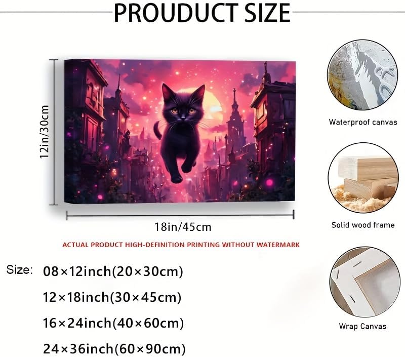 Miniatura 2 de Canvas Wall Art Painting Synthwave Retro 80s Aesthetic Cyber-cat Neon Grid Framed Aesthetic Gifts Waterproof Easy to Hang for Apartment Studio Kids