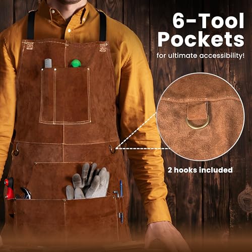 100% Genuine leather welding apron, premium welding protective gear, brown leather work aprons for men, perfect for blacksmithing and workshop accessories. Durable, heat-resistant and stylish design