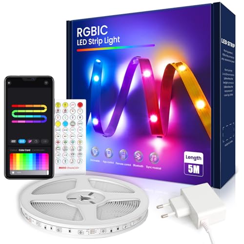 VKH LED Strip 5m, RGB-IC LED Streifen mit App, Segmentcontrol, Farbwechsel, Musik Sync, LED Lichterkette für Party, Zuhause, Schlafzimmer, Gaming, Küche Deko