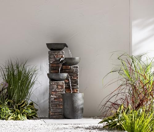 Dehner Gartenbrunnen Mattone, Outdoor-Brunnen, mit LED-Beleuchtung, solarfähig, ca.46x89x43 cm, Polyresin, grau